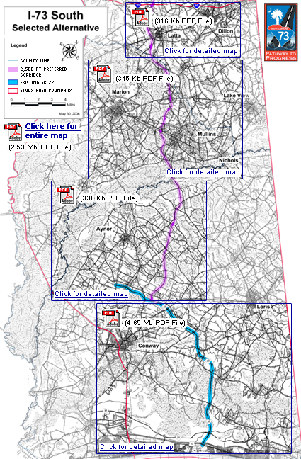 Map of the potential alternative corridors for Interstate 73.