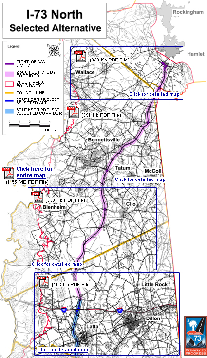 Map of the potential alternative corridors for Interstate 73.